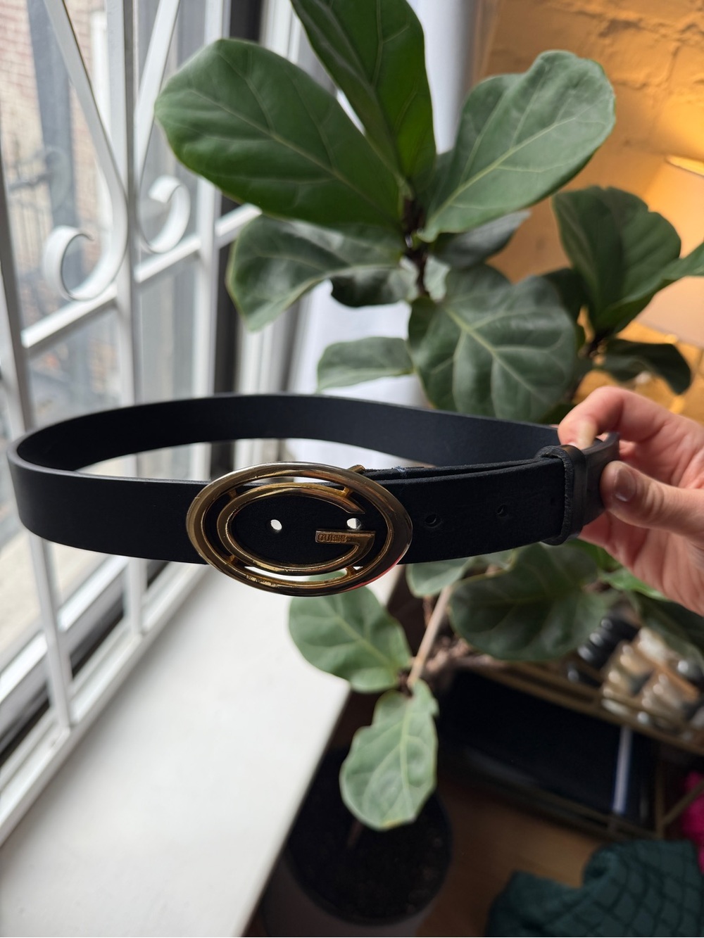 Black Leather Belt with Gold Oval Buckle